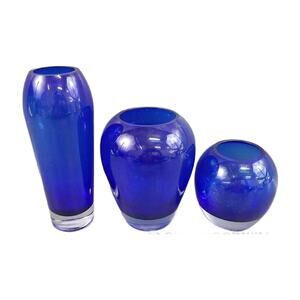 Hand Blown Cobalt Blue Glass Vase, Set of 3, 8" tall